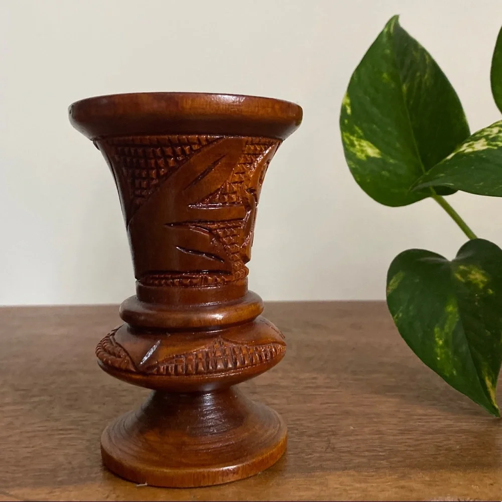 Hand Carved Wooden Vase, Decorative Wood Vases, Vintage Handmade Home Decor - Picture 2 of 4